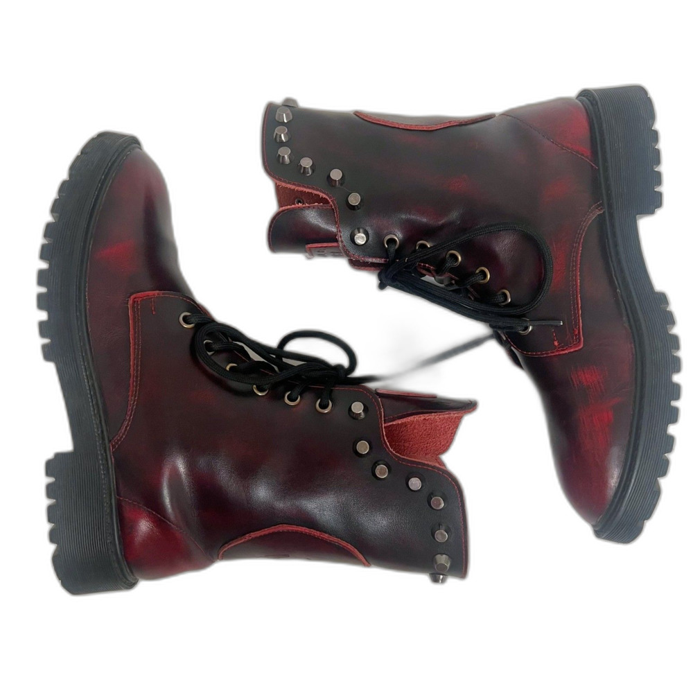 Taizile Burgundy Dark Red Lace Up Combat Boots Studded Skull Women's Size 9